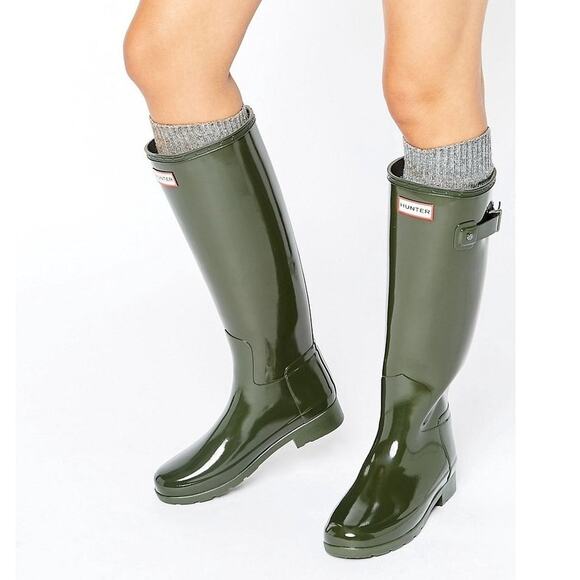Hunter Women's 6 Olive Original Tall Gloss Rain Boots Pull On Waterproof LM1-50 - Picture 1 of 7